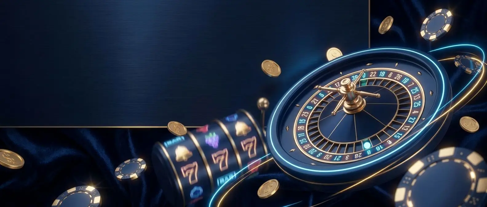 Ambiente digital de entretenimento com roleta e slots em estilo premium