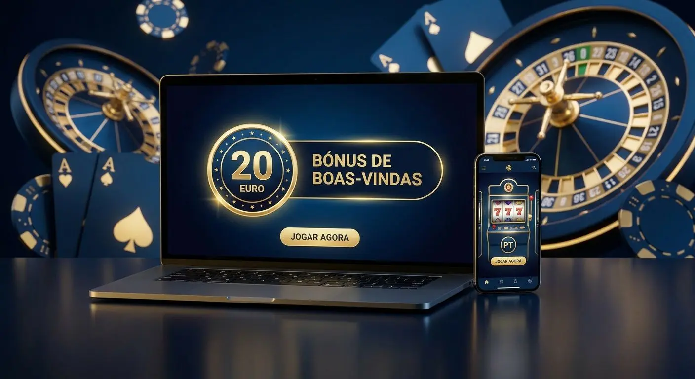 Visual promocional com destaque para 20 euros grátis e interface online