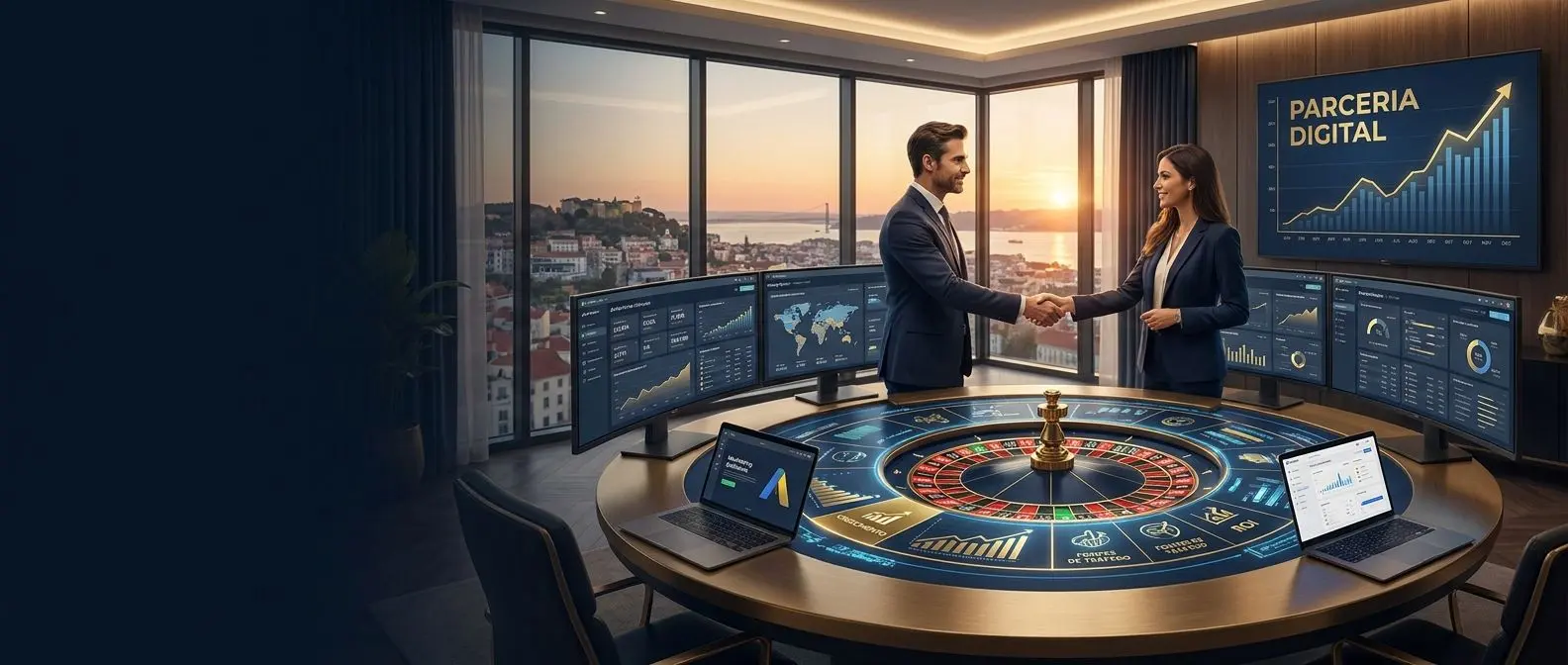 Banner de parceria Solverde com elementos visuais de marketing e estatísticas