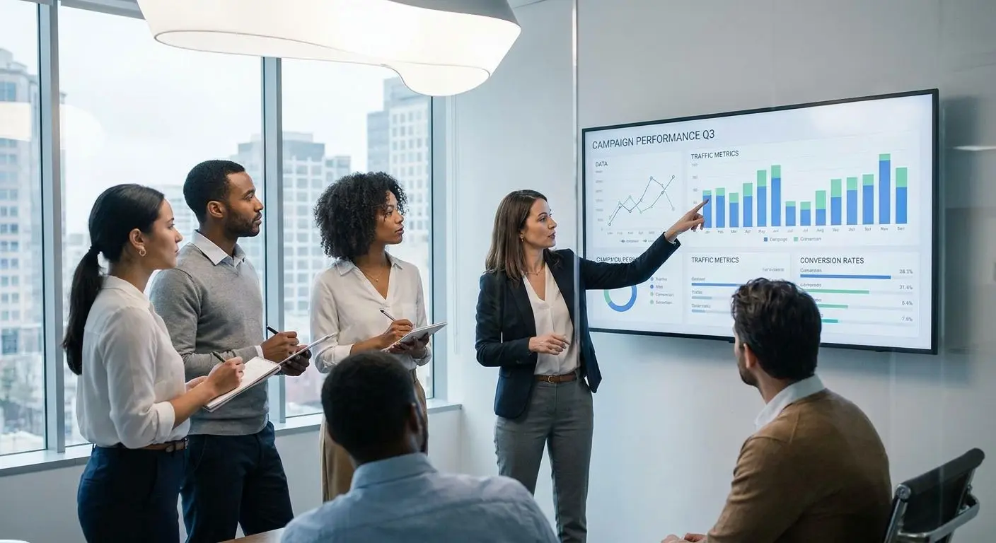 Equipa a analisar dados de campanha de afiliados num ecrã