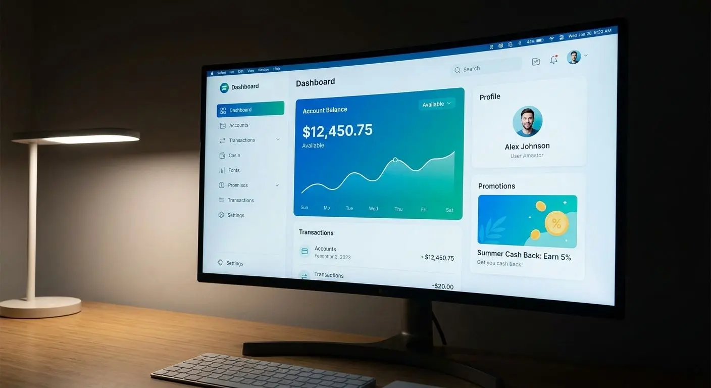 Painel de utilizador com saldo e menus de conta