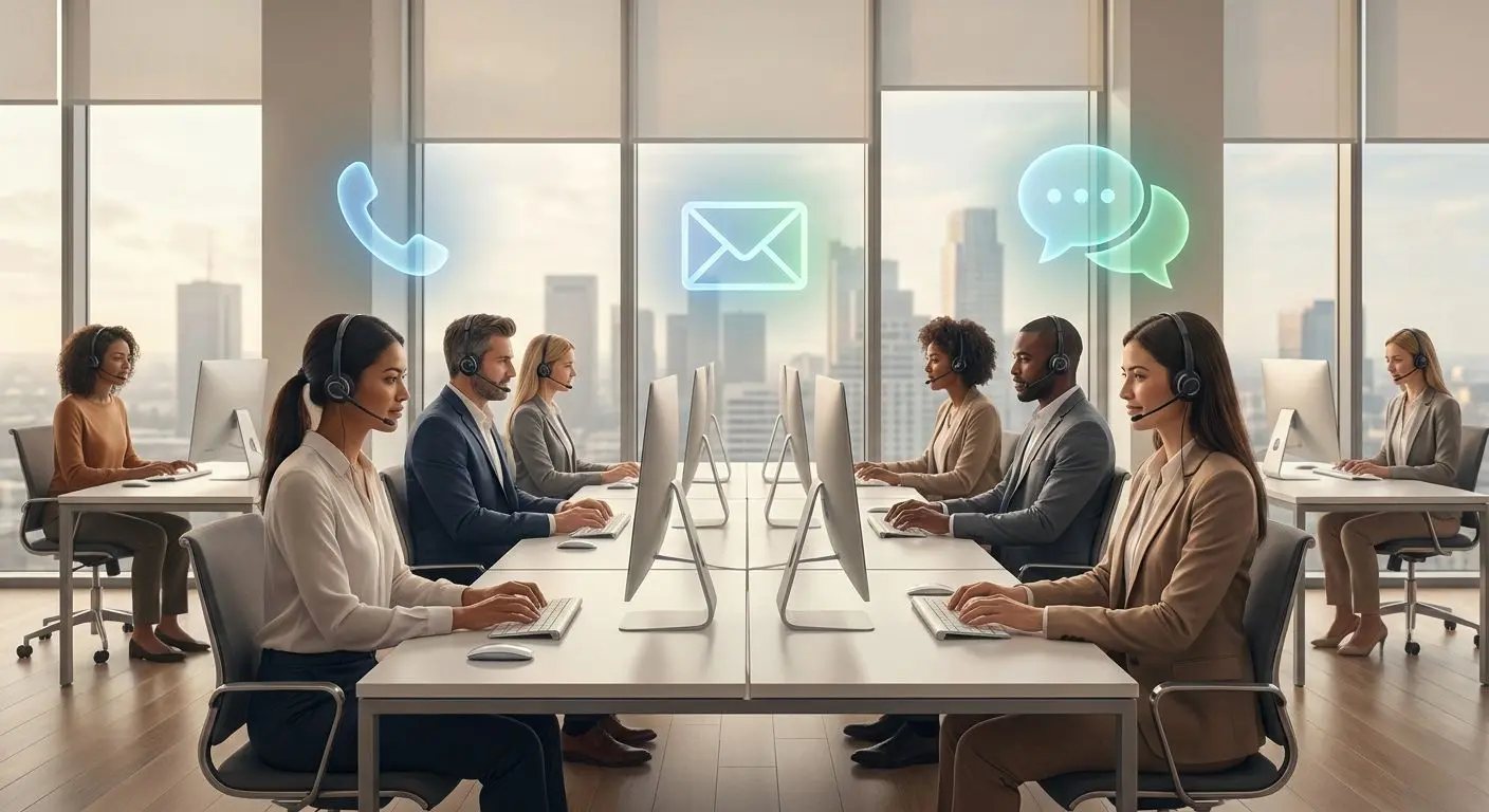 Equipa de apoio ao cliente com ícones de telefone email e chat