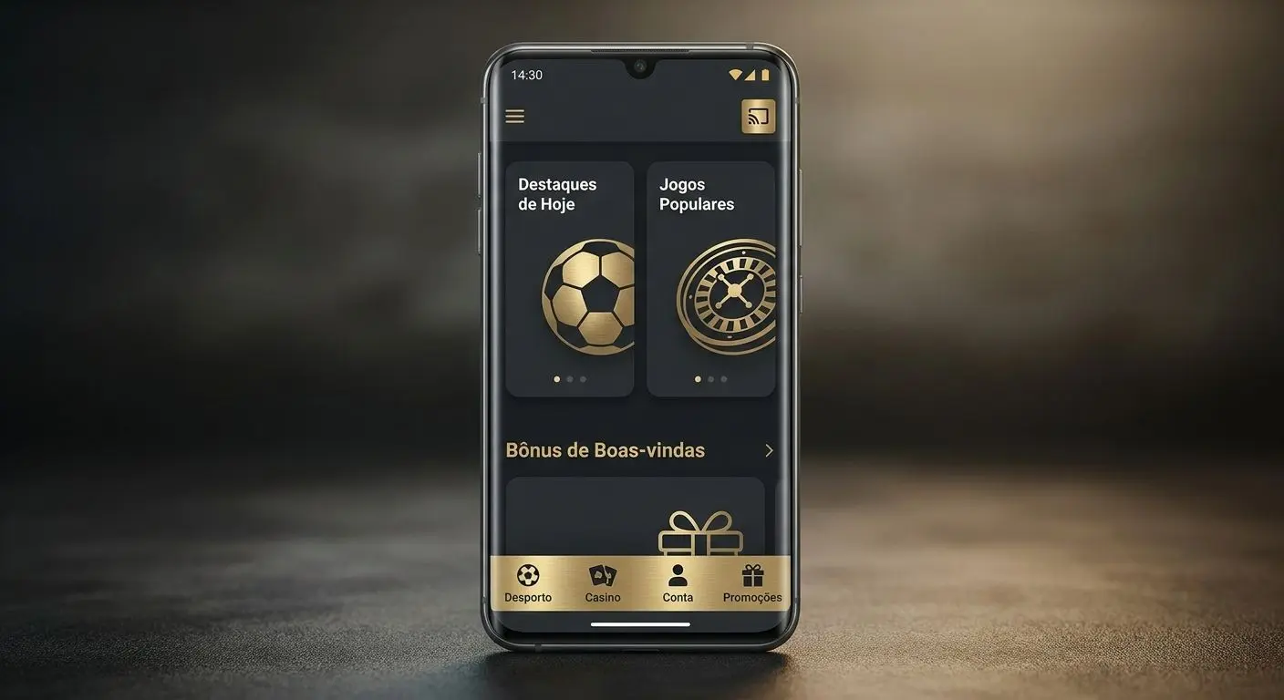 Ecrã inicial genérico da app com separadores Desporto Casino Conta e Promoções