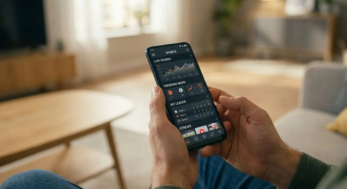Utilizador com smartphone Android a usar uma app móvel de desporto e entretenimento