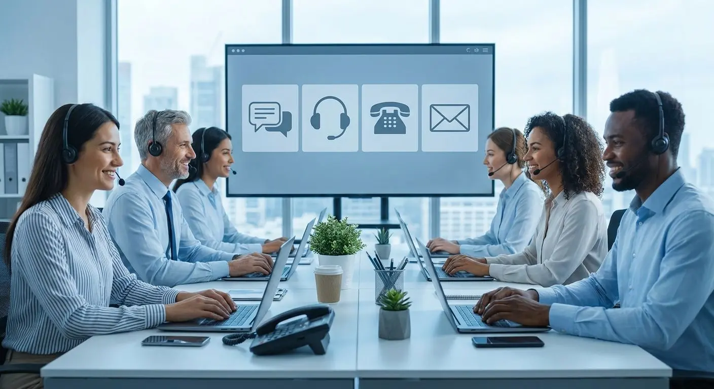 Equipa de apoio com chat e telefone
