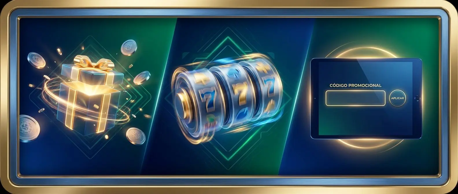 Banner com ofertas de boas-vindas, free spins e c&oacute;digos promocionais em estilo premium