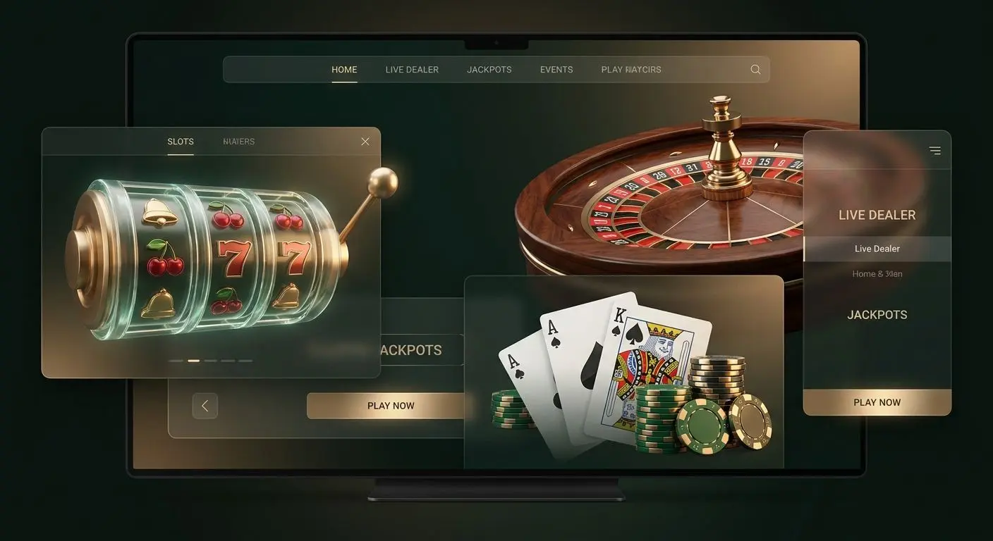 Colagem de slots, roleta, blackjack, fichas e cartas num ambiente de jogo online