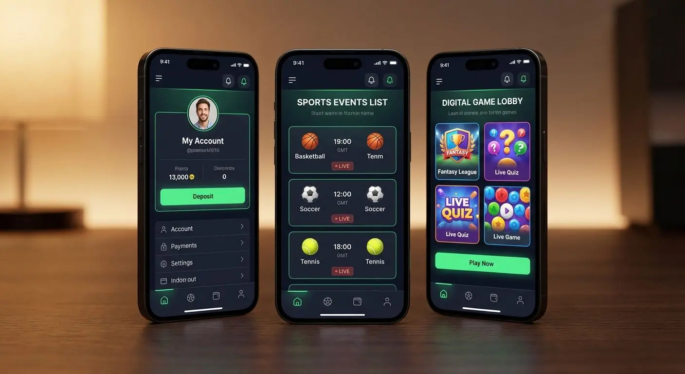 Colagem de ecrãs da app com desporto, jogos e gestão de conta
