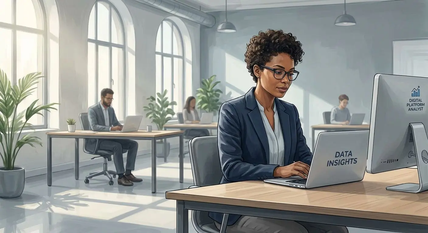 Ilustração profissional de analista digital em ambiente de trabalho