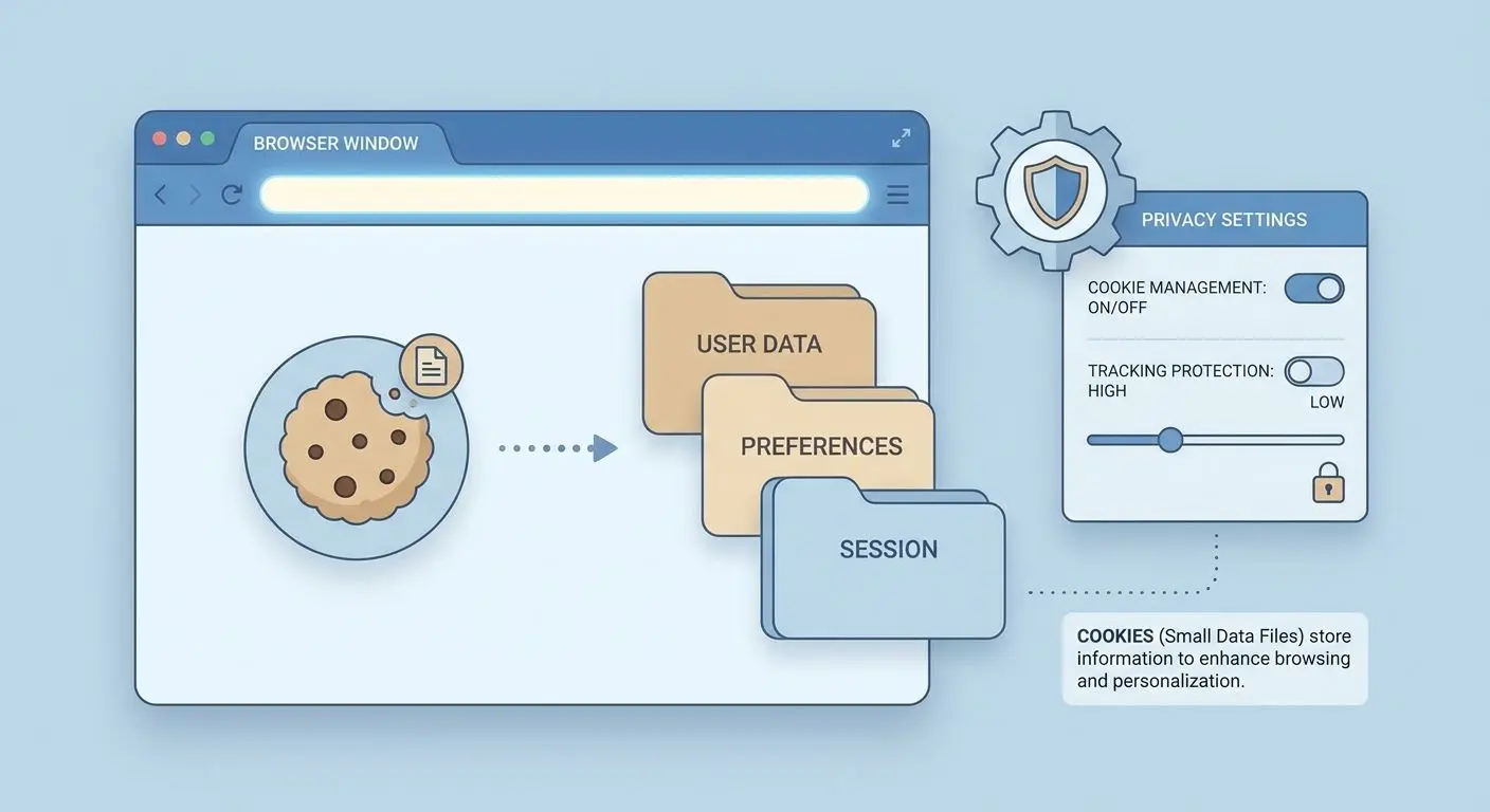 Ilustração simples sobre cookies de navegação e definições do navegador