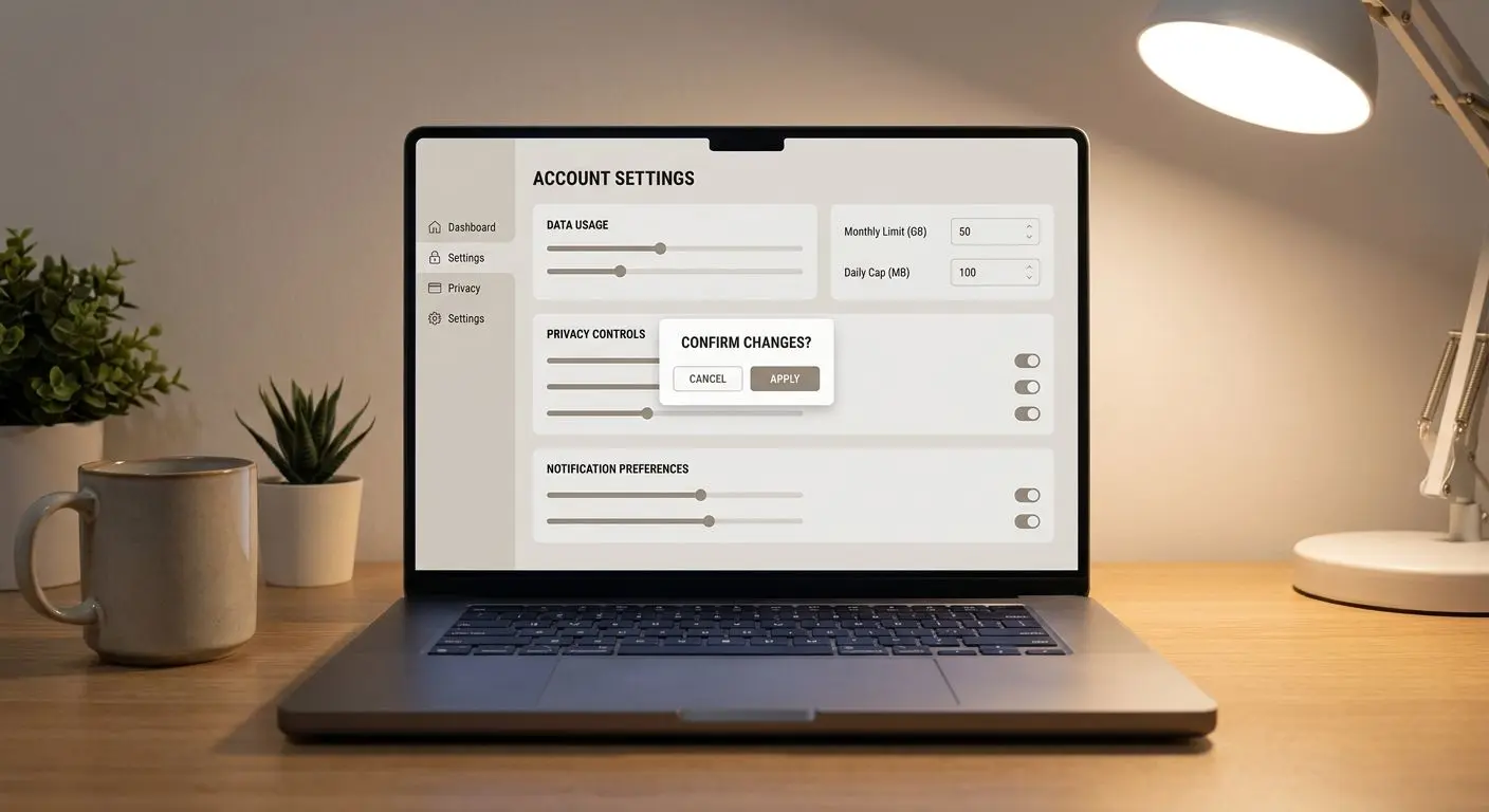 Interface genérica de conta com opções de limites e passos de configuração