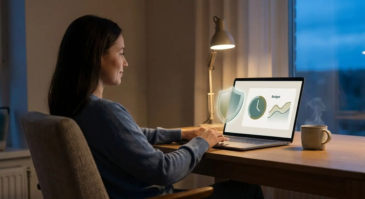 Pessoa num ambiente online calmo com elementos visuais de proteção e controlo de orçamento