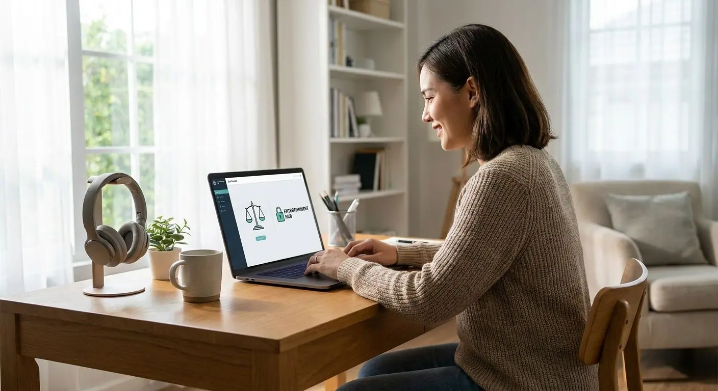 Utilizador em ambiente online calmo com símbolos de equilíbrio e segurança