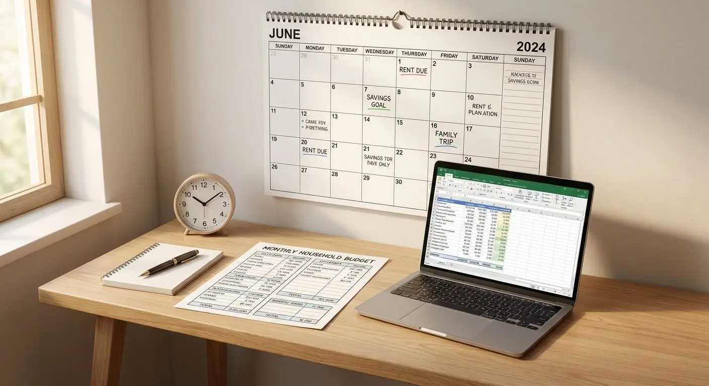 Calendário e orçamento pessoal organizados para controlo de tempo e dinheiro
