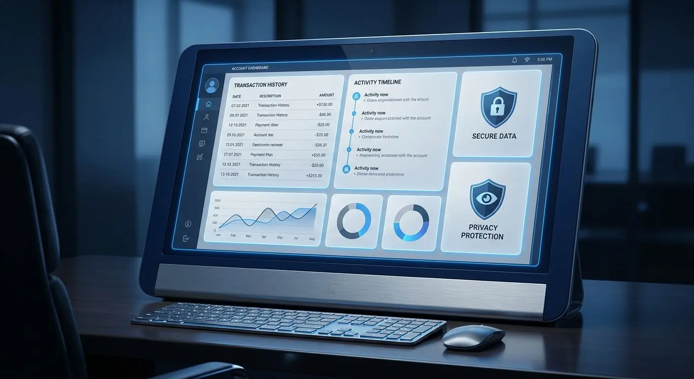 Interface de conta com histórico e dados acessíveis
